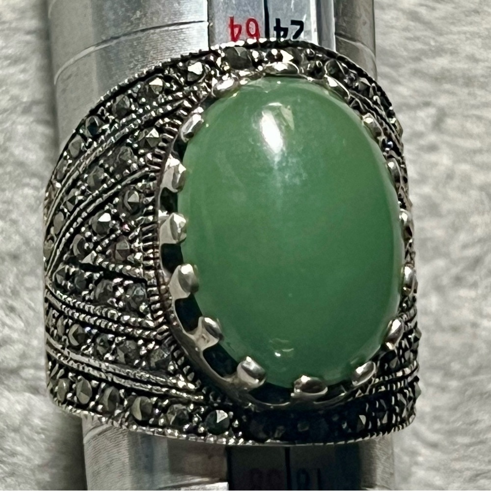 Jade Marcasite  Large Sterling  Silver Ring